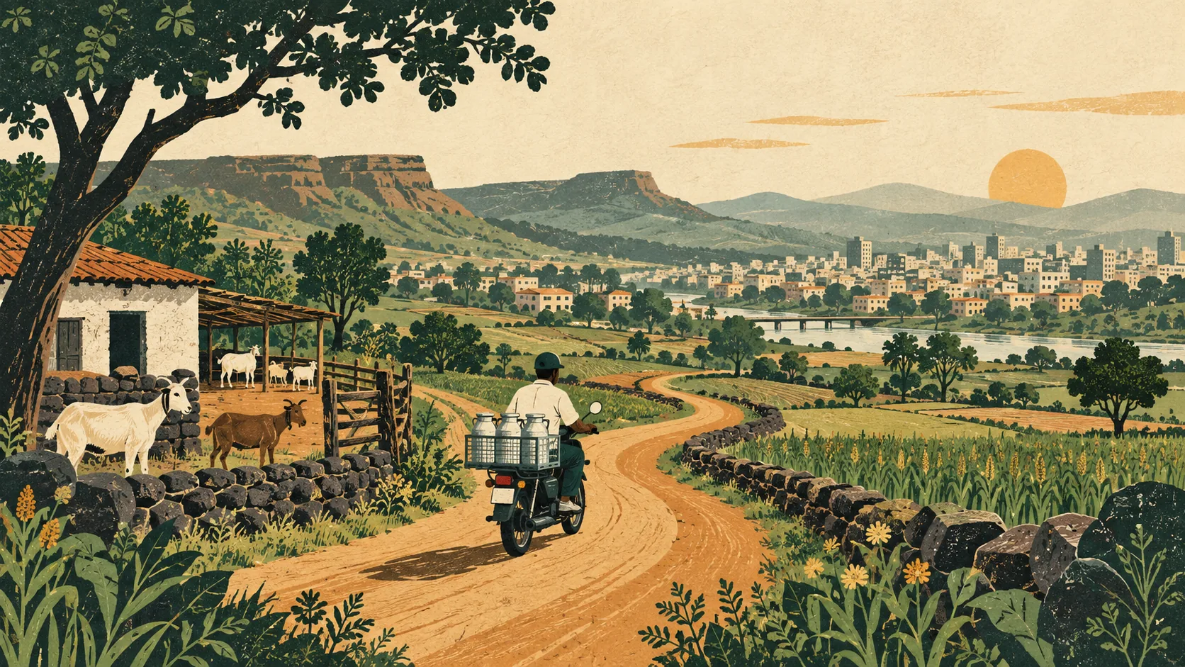 Illustrated local milk delivery leaving a small Kunjirwadi goat farm on a road towards Pune